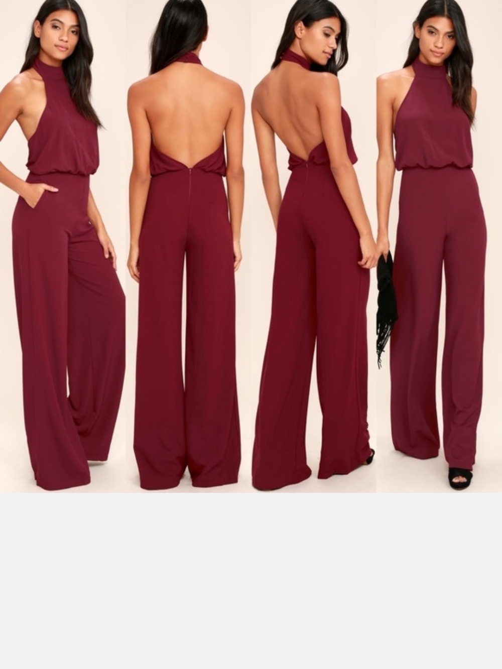 Lulu's Moment For Life Open-Back Halter Wide-Leg Jumpsuit - Burgundy